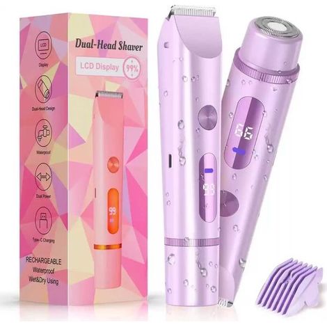 Rasoir 2-en-1 pour femme - Tondeuse maillot - Rasoir électrique - Écran LCD - Étanche et rechargeable par USB - Rasage confortable et indolore - Pour le corps et les zones sensibles - Violet (1/5)