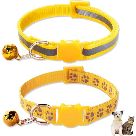 2 Collier Chat, Collier Chaton réfléchissant avec Clochette, pour éviter Les Accidents la Nuit (Jaune). (1/5)
