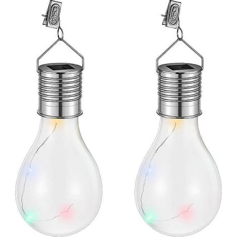 Lot de 2 ampoules solaires LED à fil de cuivre pour suspension extérieure, idéales pour jardin, terrasse ou cour (transparentes et colorées). (1/4)