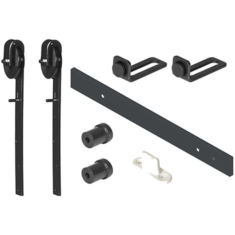 ESTEBRO puerta granero nylon 1.8 m 30x5 negro kit , El kit para puertas correderas rústicas o de granero negro está compuesto de: 1 pletina negra, 2 herrajes poleas rústicas, 2 top (1/3)