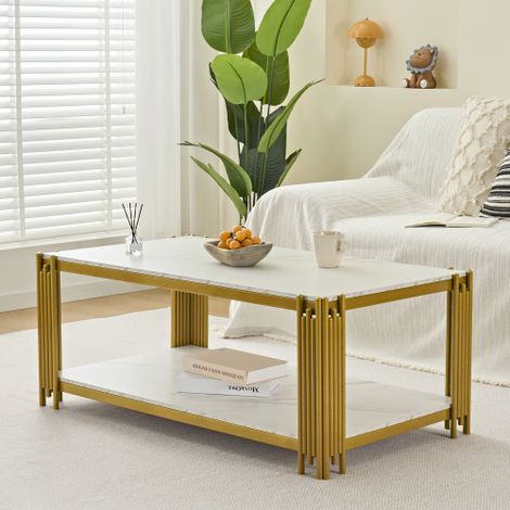 Table basse rectangulaire avec pieds métal, plateau effet marbre, meuble de salon moderne, 46x114x64 cm – Blanc et Doré