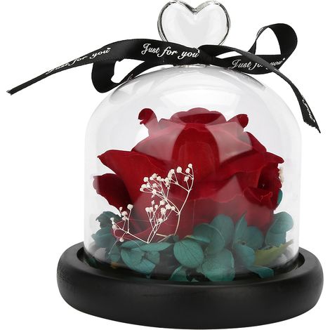 Rose artificielle en plastique rouge, élégante et raffinée, avec socle en bois. Idéale comme cadeau de Saint-Valentin ou décoration intérieure. Couleur : rouge. (1/5)