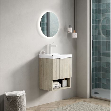 Waschtischunterschrank mit Keramikwaschbecken, Multiplex und Massivholz, Off-White/Weiß, wandhängend mit offenen Fächern (1/5)