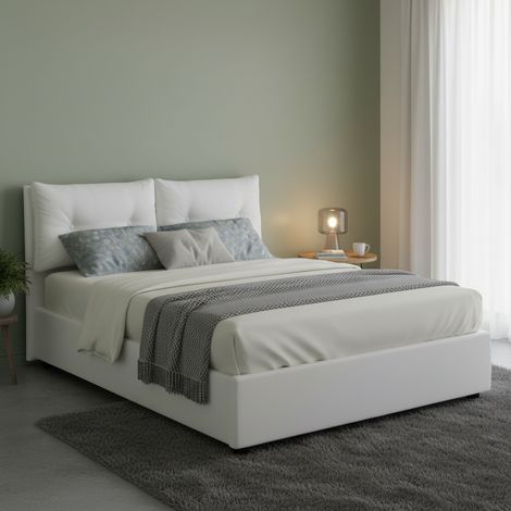 Talamo Italia Cama matrimonial Fabiana, Cama contenedor con revestimiento de tela, 100% Made in Italy, Apertura frontal, adecuado para colchón Cm 160x200, Blanco, con embalaje reforzado (1/5)