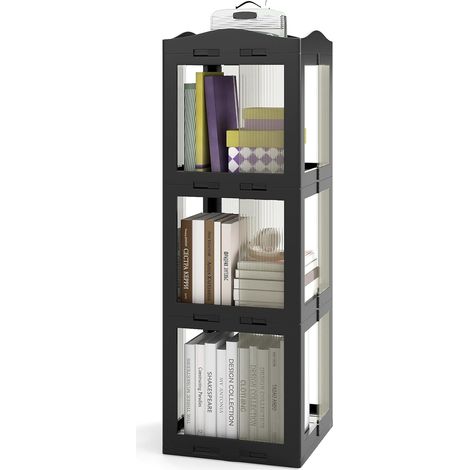 COSTWAY Libreria Girevole Pieghevole, Scaffale Traslucido Girevole a 360° con Base Rotante, Scaffale Alto Angolare da Esposizione per Soggiorno, Studio (Nero,3 Livelli) (1/5)