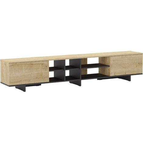 Meuble TV 2 portes 230cm en mélaminé imitation bois et noir - ESQUISSE