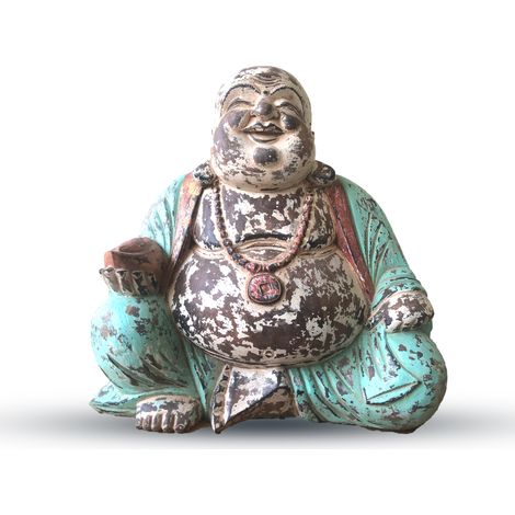 Statue de Bouddha sculptée à la main à la menthe vintage - 40 cm - Happy Buddha- Vendu par 1