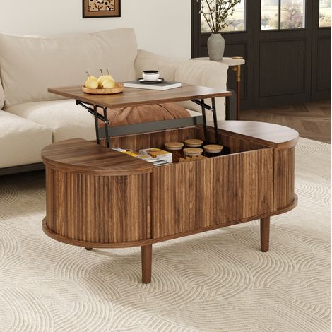 Mesa de centro elevable ovalada con almacenaje, MDF y patas de madera maciza, nogal HAVRYA (1/5)