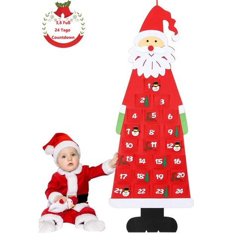 Calendrier de l'Avent en feutrine, à suspendre au mur, avec 24 pochettes, pour Noël et le Nouvel An. Décoration murale rouge pour la maison, le bureau ou une porte. (1/5)
