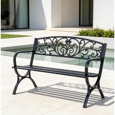 Banc de jardin extérieur 127x60x85 cm en acier noir, 2 places, facile à monter FloraGrace (1/5)