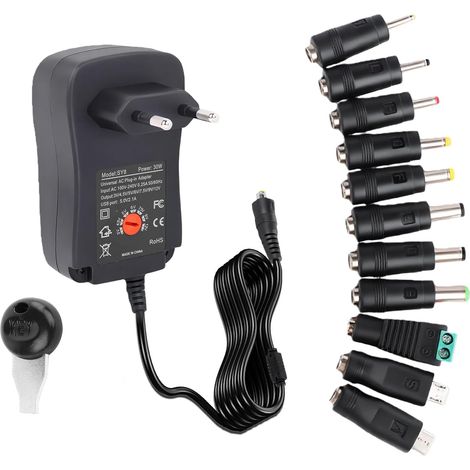 Bloc d'alimentation Universel 30 W 2 A, Bloc d'alimentation à découpage Multi-Tension avec 11 adaptateurs CC et Port USB, Chargeur AC DC réglable 3 V/4,5 V/5 V/6 V/7,5 V/9 V/12 V, polarité réversible (1/5)