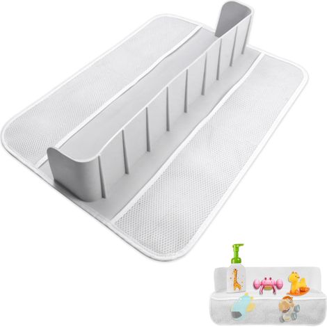 Paraspruzzi per vasca da bagno, paraspruzzi per vasca da bagno per bambini, vassoio per vasca da bagno in silicone, rete portaoggetti pieghevole per vasca da bagno con 4 tasche