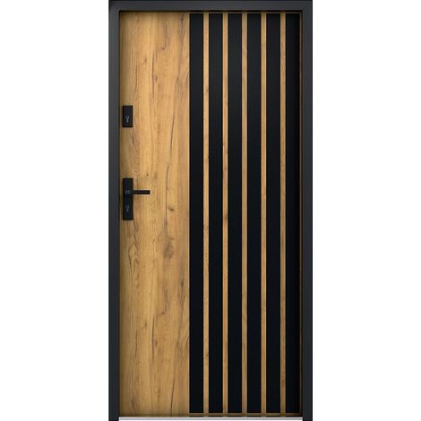 Porte d'entrée pleine en acier H207 x L100 cm - Effet chêne avec rayures noires - poussant droit - COBRITA