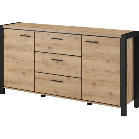 Kleines Wohnzimmer Sideboard ACCRA-83 in Taurus Eiche Nb. und schwarzem Gestell, B/H/T: ca. 180/91/41 cm (1/5)