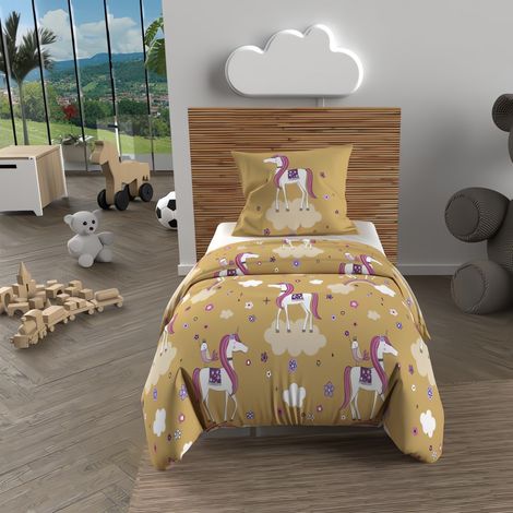 Soleil D Ocre – Parure de lit housse de couette 120x150 cm – 100% coton 57 fils/cm2 – Imprimé licornes jaune – Entretien facile