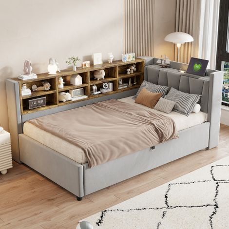 Polsterbett Schlafsofa, Mit Hydraulischem Stauraum, Mit Nachtlicht, USB- und Typ-C-Ladeanschluss, Mit Ablagen und Staufächern, Gepolstertes Kopfteil, Multifunktionsbett, Samtstoff
