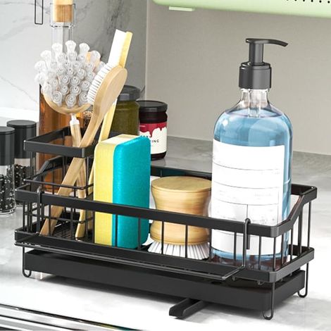 Organiseur d'évier, Porte Eponge Evier Cuisine en Acier Inoxydable avec Porte Brosse Amovible, Séparateur Amovible, Rangement et Organisation de Cuisine, Noir (1/5)