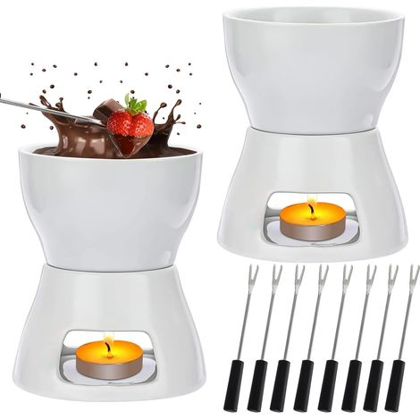 Lot de 2 Services à Fondue au Chocolat, Porcelaine Blanche, 400 ML Caquelons à Fondue avec 8 Fourchettes Inox et 2 Bougies Chauffe-Plat pour Chocolat, Fromage, Desserts, Fêtes et Dîners (1/5)
