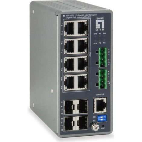 LevelOne IGP-1271 TURING conmutador industrial Gigabit gestionado L3 Lite de 12 puertos, 8 salidas PoE, 240 W (1/4)
