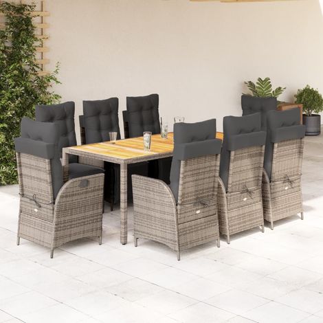 Set comedor jardín 9 pzas y cojines ratán sintético gris