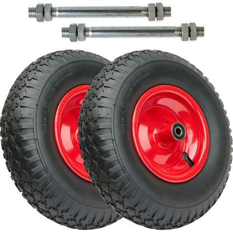 Garronda Roue de brouette 4.00-6 2PR Ø320x90mm, avec axe, roulements, jante acier, valve auto, moyeu 97mm alésage 12mm, Lot de 2, GD-0163, Noir-Rouge