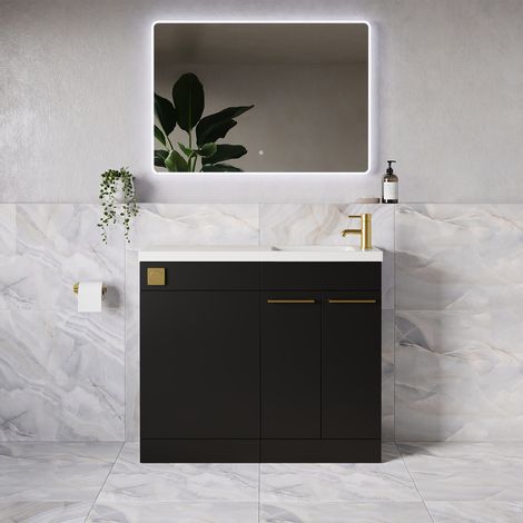 Napoli 250 Matt Black 1000mm 2 Door Vanity Unit Toilet Suite with Round Silvo Basin - 1000mm - Brushed Brass 160mm HandleWithout Jubilee Toilet Pan