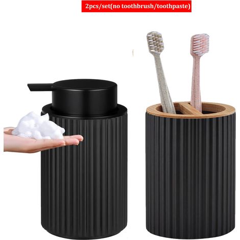 (B) Lot de 2 flacons distributeurs de savon moussant pour les mains avec porte-brosse à dents et porte-dentifrice, design rayé moderne, distributeur à pompe Bomboo Li (1/5)