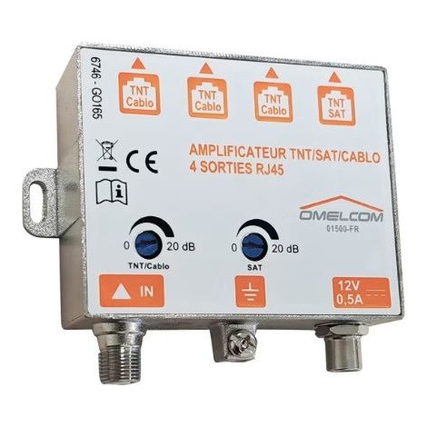 Michaud – Amplificateur TNT satellite 4 sorties RJ45 – 1 entrée type F 5-2400MHz – Alimentation 12VDC 500mA – OMELCOM 0-1500-FR (1/4)