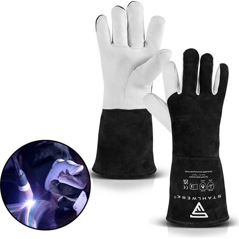 STAHLWERK Guantes de soldadura de cuero auténtico - guantes de protección resistentes al calor y al fuego de serraje vacuno, 34 cm Guantes de trabajo XL para TIG, TIG, MIG MAG, MMA y corte por plasma, (1/5)