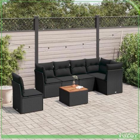 Salon de jardin - 3255992 - Résine tressée noir - Table acacia massif - 6 places modulable (1/5)