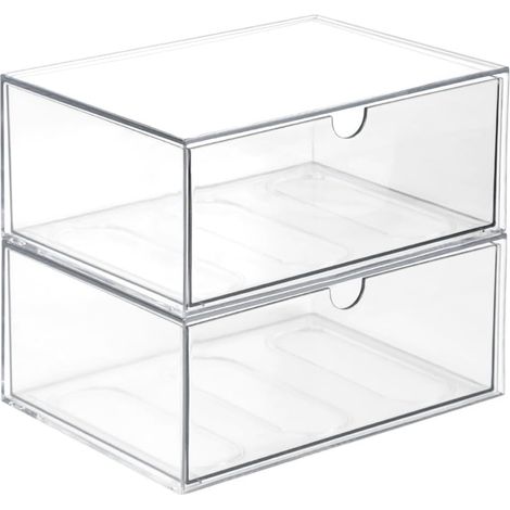 Organiseur de tiroir empilable en acrylique transparent, 2 pièces pour bureau, rangement cosmétiques et bijoux (1/5)