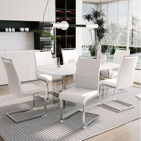 Silla moderna blanca de metal con respaldo alto y asiento acolchado,42×48×95cm (1/5)