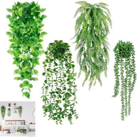 Plante Artificielle Tombante, Lot de 4 Plantes Artificielles Interieur avec Pots, Plantes Artificielles Suspendues, pour L'intérieur et L'extérieur, Bureau, Salon, Décoration Murale
