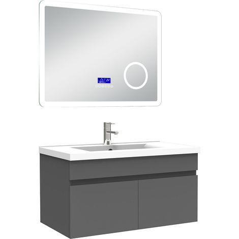 Ocean Ensemble meuble 80 cm, lavabo céramique simple + Miroir salle de bain Bluetooth avec 3 couleurs dimmable, anthracite à suspendre (1/5)