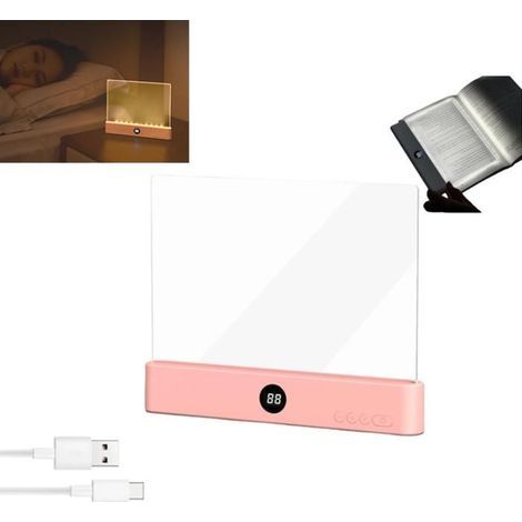 Rechargeable LED reading lamp with built-in bookmark, 3 color modes, adjustable brightness and timer.