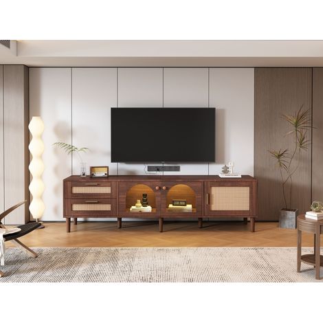 Meuble téléviseur chêne 180cm, compatible écrans 80", 2 tiroirs rotin, 2 portes vitrées courbées, 1 porte cannage, LED intégré, rangement design, support TV élégant (1/5)