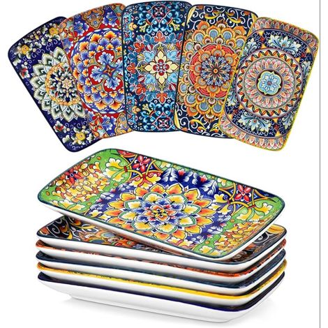 Assiettes Rectangulaires en Porcelaine - 24,7 x 14,2 cm Plates pour Entrées, Sushis, Salades et Desserts, Adaptés au Lave-vaisselle et au Micro-ondes, Style Bohème (1/5)
