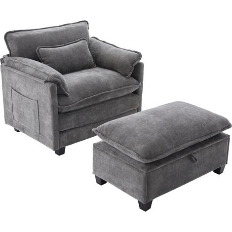 Moderne XL-Poltrone aus grauem Chenille mit Stauraumhocker und Seitentasche (1/5)