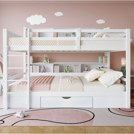 Etagenbett modern 90x200 cm aus Kiefer und MDF in Weiß, mit Schublade und seitlichen Ablagefächern (1/5)