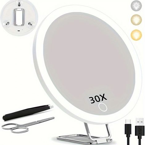 Miroir de maquillage grossissant x30 – 15 cm (6 pouces) – Éclairage LED – Support rotatif à 360° – 3 ventouses (1/5)