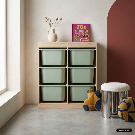 - Meuble de rangement enfant 6 bacs de rangement en plastique vert de gris - Sora
