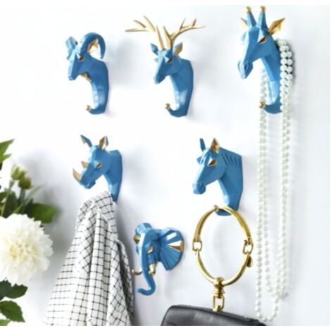 6 Pièces Crochets Patères Porte Manteau Mural Tête d'Animal Cerf Éléphant Chèvre Crochets Decoratif Murale Créatif en Résine Rétro Vintage Crochet de Porte pour Entrée Chambre Salle de Bain，Or bleu