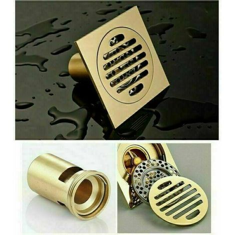 Shower Drain Brass Floor Drain Hair Trap Bathroom 100mm Square Gold Color B (1/5)