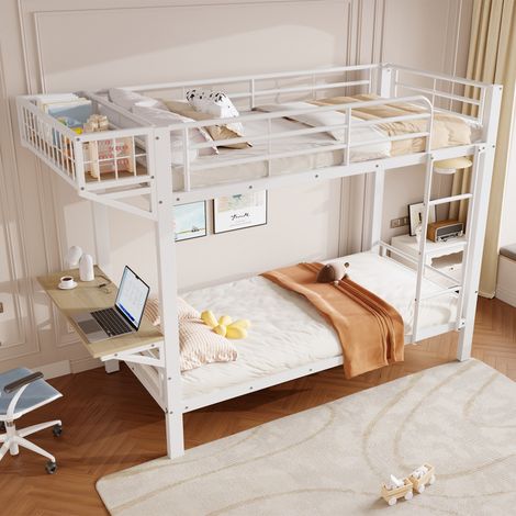 Lit superposé enfant 90x200 cm, bureau intégré, rangement ouvert, 2 couchages, échelle et barrières de sécurité, métal/MDF, gain de place - Blanc (1/5)