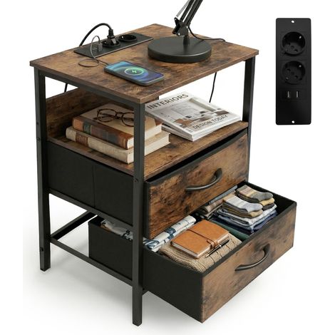 Mesa auxiliar Relaxdays con enchufe y puertos USB, 2 cajones, 60 x 40 x 30 cm, mesita de noche, marrón/negro