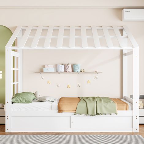 Lit cabane enfant 90x200 cm avec coffre hydraulique,toit et fenêtre,rangements latéraux,blanc,sans matelas (1/5)