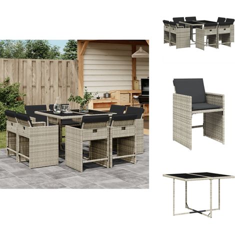 Ensemble à manger de jardin et coussins 9 pcs gris clair rotin - Salon De Jardin - Meuble De Jardin - Set Salon De Jardin - Résine Tressée - Mobilier Extérieur (1/5)
