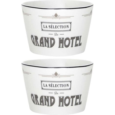 Set de 2 bols en céramique blanc et noir avec message "Grand Hotel" (Ø14 cm)