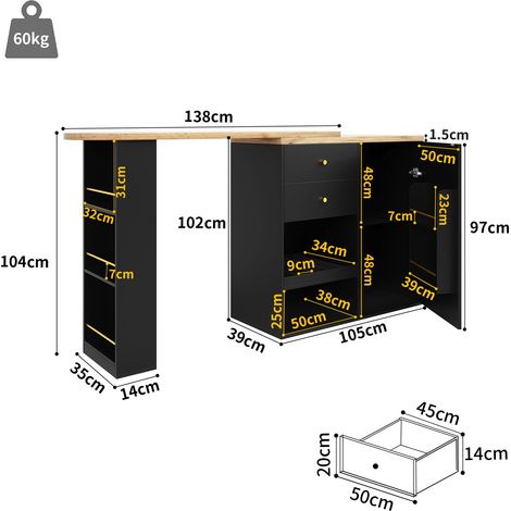 Table de cuisine rotative en MDF noire avec 2 tiroirs, armoire à portes coulissantes et 3 étagères ouvertes, dimensions 118 x 57 x 18 cm HOMAIRE (1/5)
