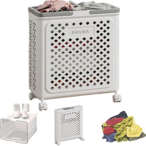 Panier à linge en plastique à roulettes, pliable, grand format, panier de rangement pour salle de bain (blanc) (1/4)